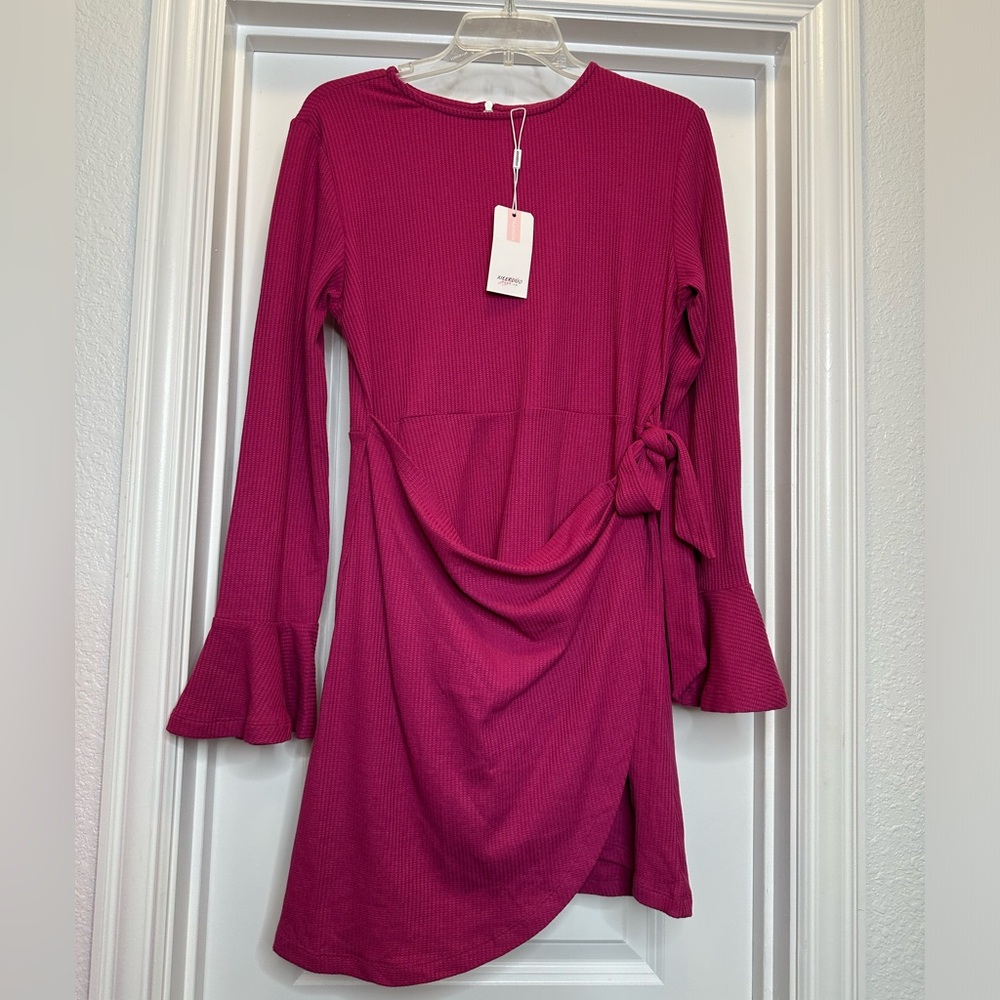 Wrap Tie‎ Waist Long Bell Sleeve Mini Elegant Burgundy Size Large dress - Picture 2 of 11